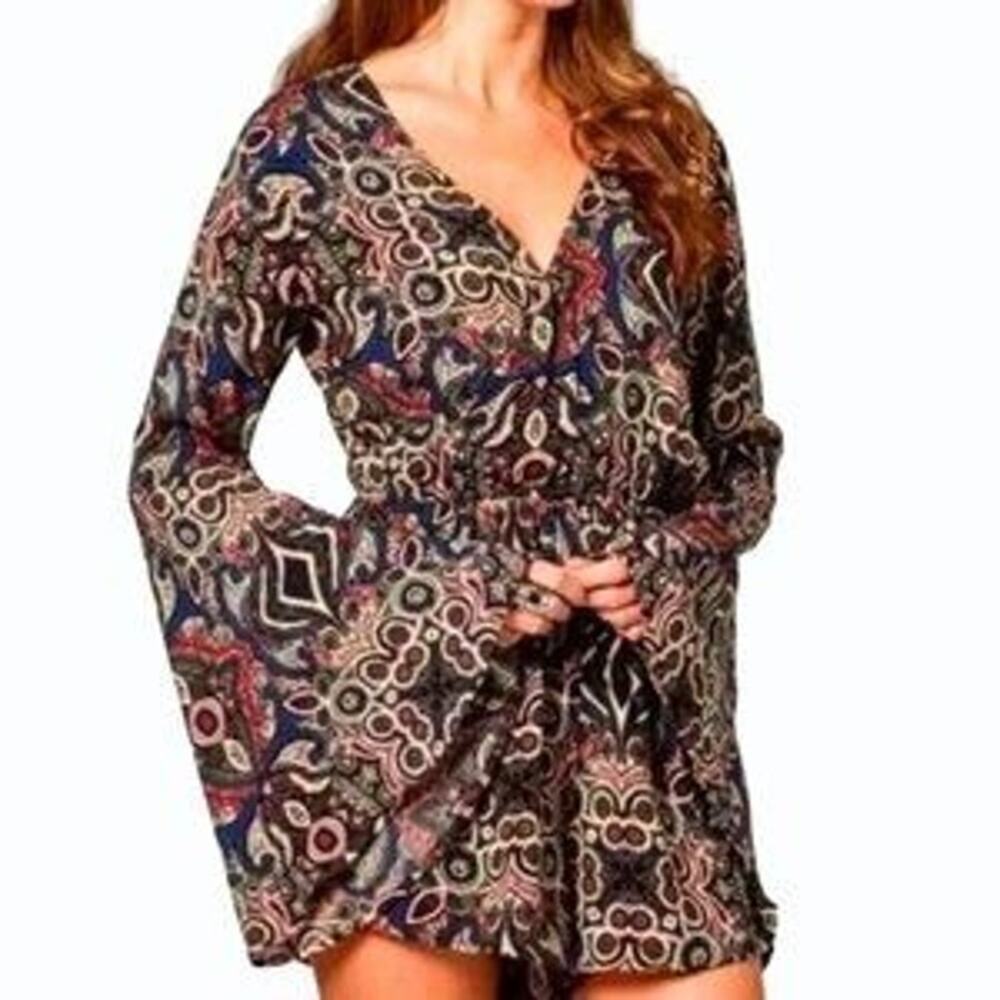 Abercrombie & Fitch Romper Shorts Long Bell Sleeves Abstract Print XS Black Blue